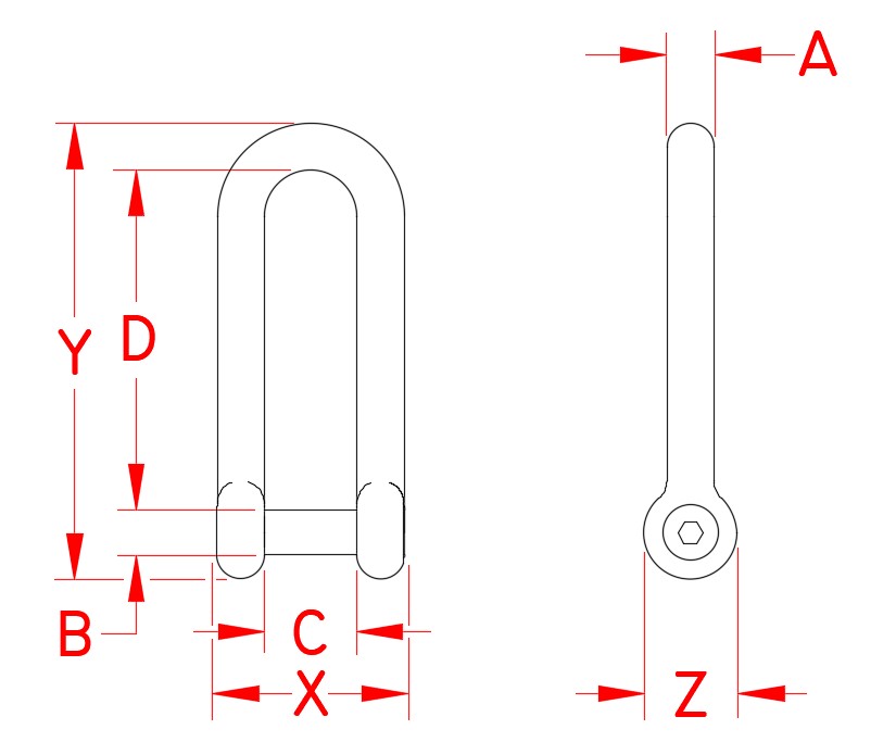 Stainless Steel Long D Shackle with No Snag Pin, S0138-NS06, S0138-NS08, S0138-NS10, S0138-NS12, Line Drawing